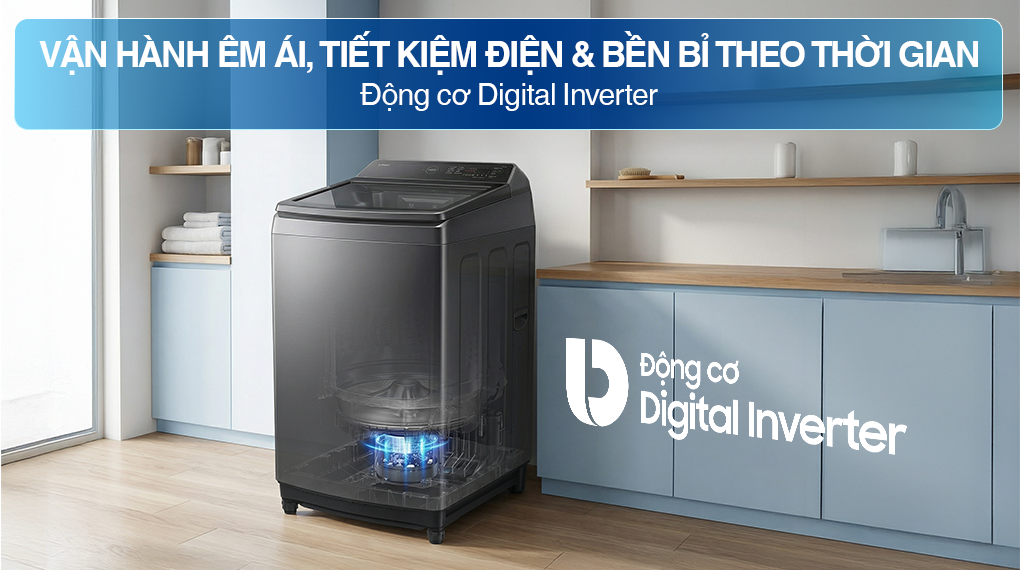  Máy Giặt Samsung Cửa Trên WA40F12E4CSV 12.5kg với động cơ Digital Inverter tiết kiệm điện và hoạt động êm ái